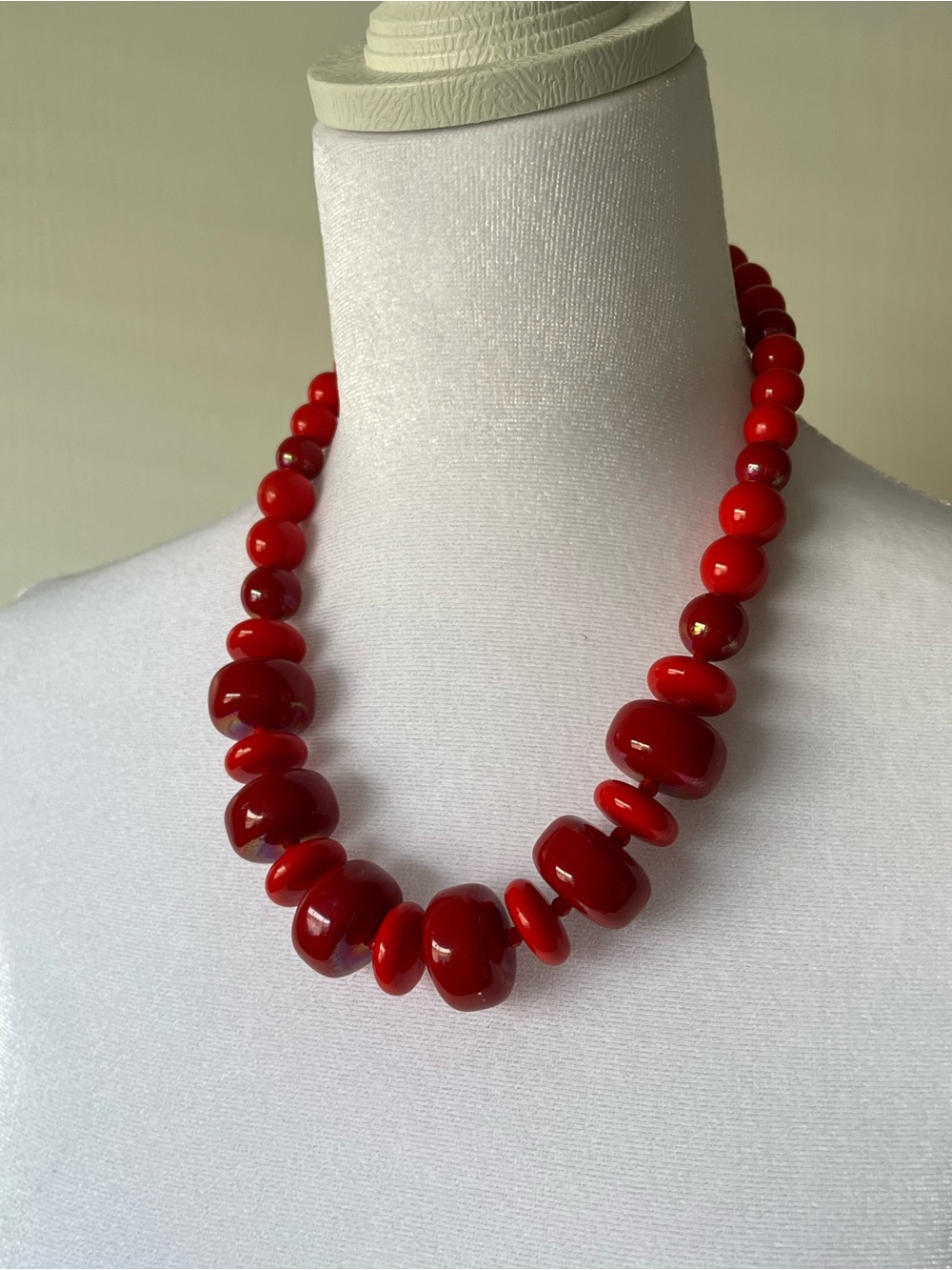 VTG Statement Necklace Red Acrylic Beaded Adjustable Chunky 18”